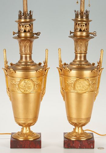 Pair of Neo Grec Gilt Bronze Classical Portrait Urn Lamps
