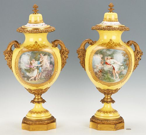 Large Pair of Sevres Style Bronze Mounted Decorated Porcelain Urns