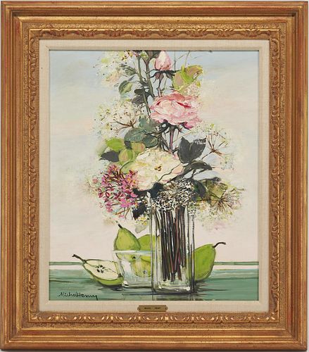 Michel Henry O/C Floral Still Life Painting w/ Pears