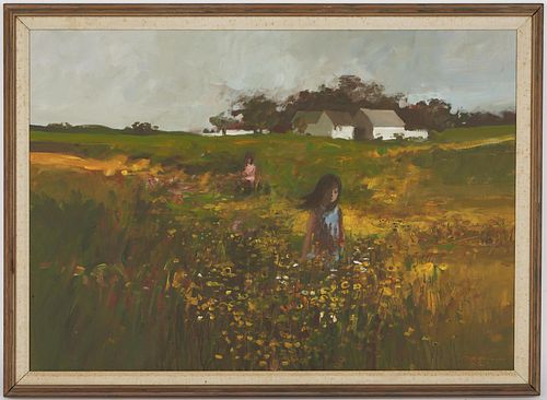 Wayne Amerine O/C Painting, Girls in Field of Wildflowers