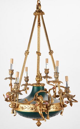 French Empire Style Bronze Figural Chandelier with Green 