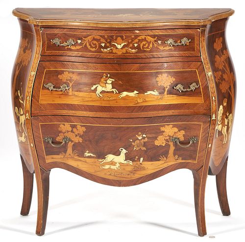 European Marquetry Inlaid Commode w/ Hunt Scenes