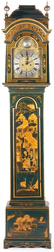 George III Green Lacquered Chinoiserie Tall Clock, Thos. Butterfield 