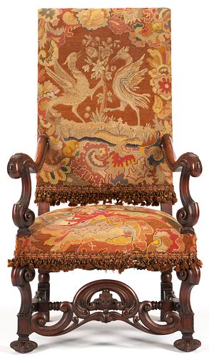 Continental Baroque Style Mahogany Armchair, Needlework
