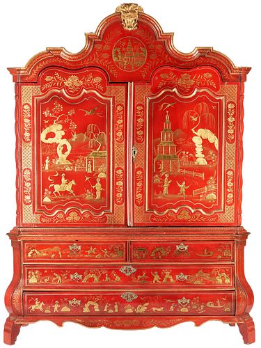 Red Chinoiserie Dutch Bombe Linen Press
