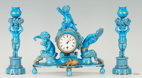 Sevres Style Figural Blue Porcelain Clock and Garniture