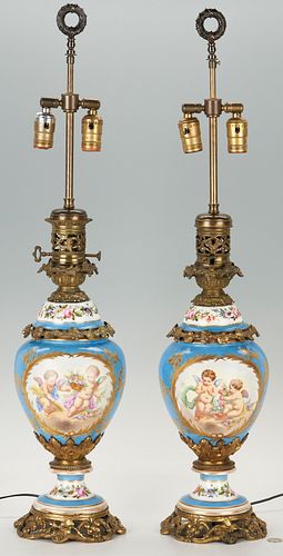  Pair of French Porcelain Ormolu Mounted Lamps