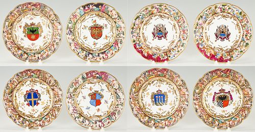 8 Pcs.Capodimonte Armorial Porcelain, incl. 2 Carlo III Chargers