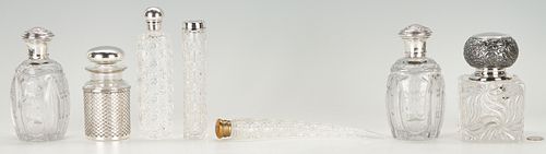 7 Cut Glass Bottles w/ Silver Lids, incl. Perfume & Inkwell