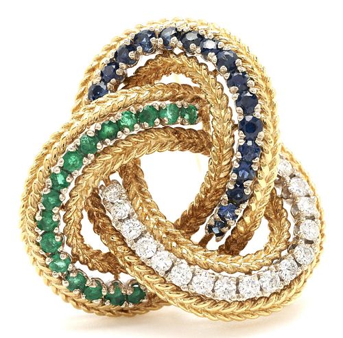 18K Diamond, Emerald, & Sapphire Knot Brooch