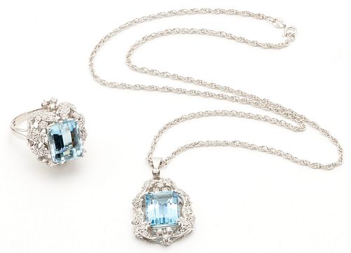 14K Aquamarine & Diamond Necklace w/ Matching Ring