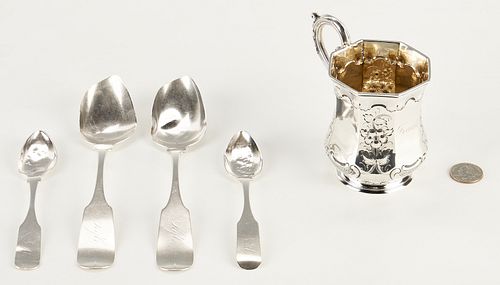 5 Coin Silver Items, Cup & 4 Spoons, incl. Hope