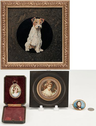 3 Portrait Miniatures & 1 Case, Plus Small Oil on Plate Painting of a Terrier, 5 items