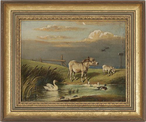 Edward Lloyd O/C Landscape Painting w/ Swan, Ducks, & Donkeys