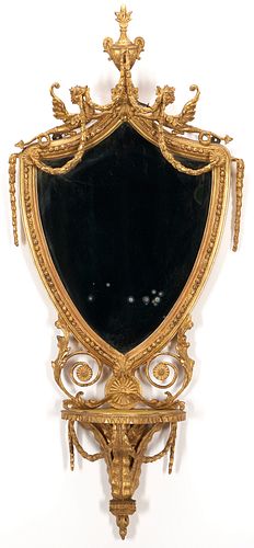 English Neoclassical Shield Form Giltwood Mirror
