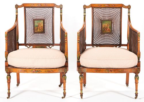 Pair of Painted Satinwood English Armchairs 