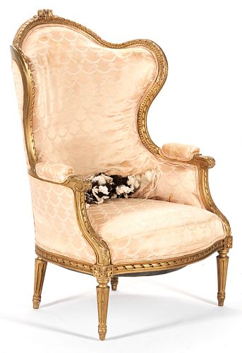 French Louis XV Style Carved Giltwood Wing Chair 