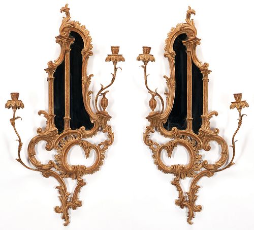 Pair of Continental Carved Giltwood Rococo Style Wall Sconces