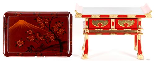 2 Japanese Lacquered Items, Miniature Shrine Table & Tray
