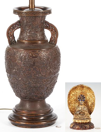 Marbro Lamp Company Chinese Style Bronze Lamp & Asian Gilt & Polychrome Carved Buddha