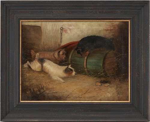 George Armfield O/C Painting, Three Dogs and a Barrel