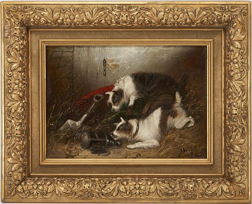 Edward George Armfield O/C Painting, Two Dogs w/ Lantern