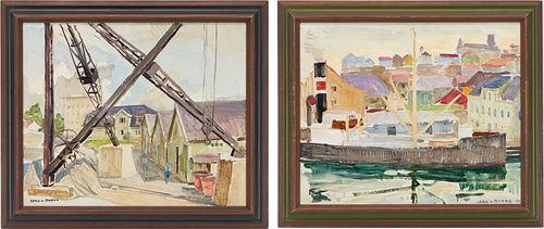 2 Carl Von Hanno Paintings, Harbor Scene & Construction Site