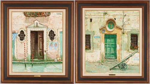 2 Andre Andreoli O/C Paintings, Venetian Doorway Scenes