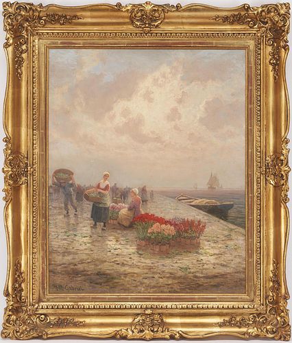 H.M. Gabriel O/C Painting, Flowersellers by a Dock