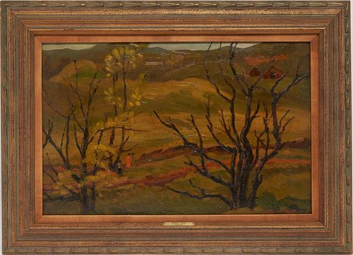 Morley Hicks O/B Painting, Figures in a Landscape with Trees