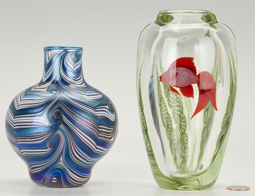 2 Orient & Flume Art Glass Vases: Underwater Scene, Pulled Feather