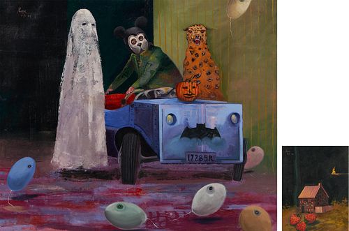 2 Exhibited Peter Paone Paintings, Halloween & Strawberry Farm