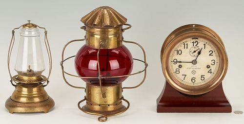 3 Maritime Items, Ansonia Nautical Clock & Lanterns