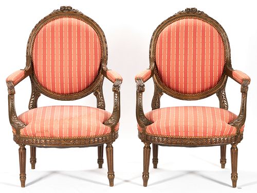 Pair of Louis XVI Style Carved Fauteuils Or Armchairs