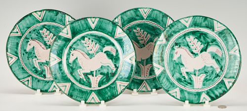 4 1930s Vietri Italy Pottery Plates, Green w/ Horse Decoration