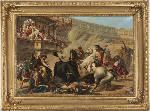 Large Signed O/C Battle Scene, Gladiators in Colosseum