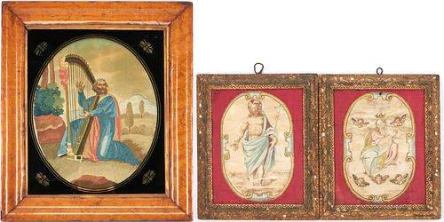 3 Religious Silk Needlework Images, including David with Harp