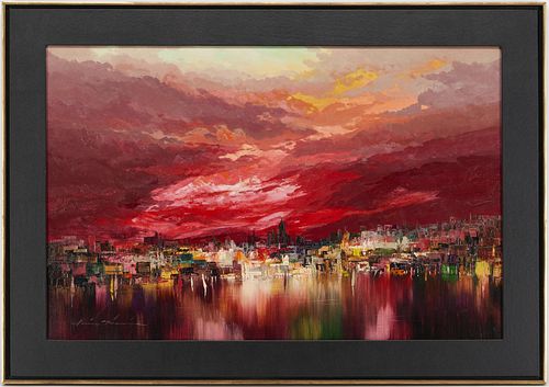 Heinz Munnich O/C Abstract Expressionist City Scape Painting, Sunset