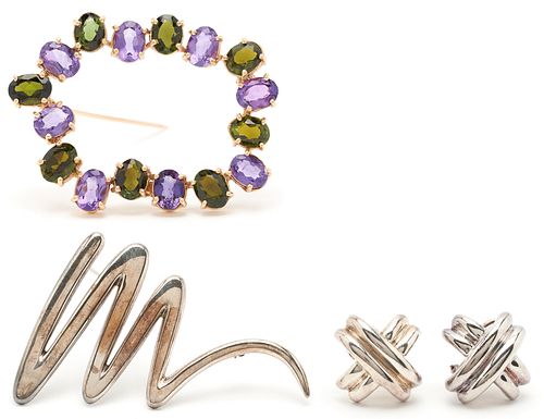14K Amethyst & Peridot Brooch plus Tiffany & Co. Sterling Silver Jewelry, 3 items