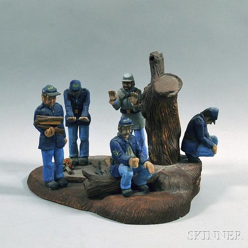 Carved and Painted Folk Art Diorama of a Group of Soldiers at an Encampment