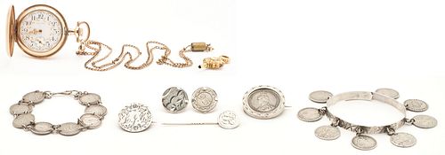 161 American Waltham Pocketwatch + 6 Silver Coin Jewelry Items