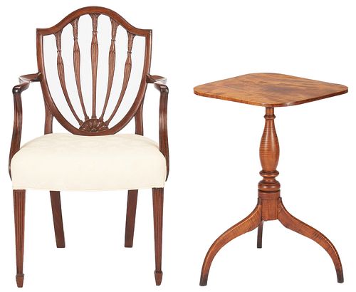 Shield Back Hepplewhite Style Armchair & Tiger Maple Candle Stand, 2 items