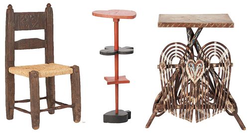 2 Novelty Folk Art Tables & 1 Carved Child's Chair
