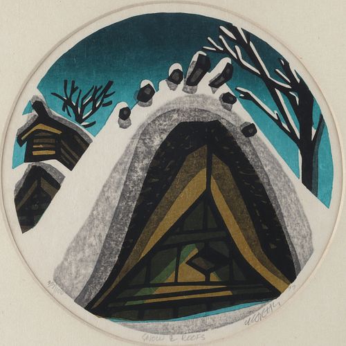 Clifton Karhu "Snow and Roofs" Woodblock Print