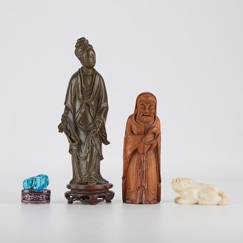 4 Chinese Items - Bronze, Porcelain, Bamboo, Jade