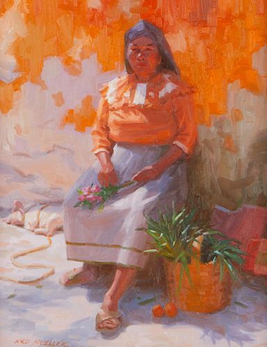 Ned Mueller "Oaxaca Woman With Pig" Oil on Linen