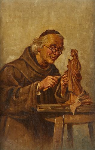 Painting of Monk Carving Figure Illegibly Signed