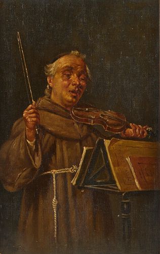Painting of Monk Playing Violin Illegibly Signed