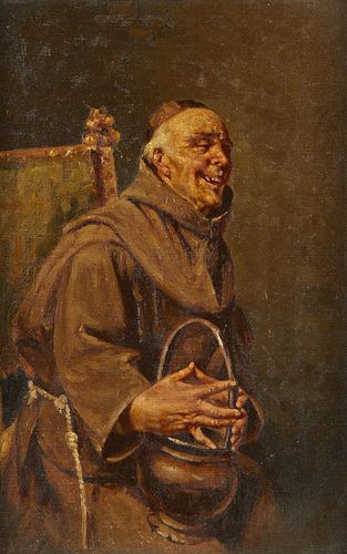 Painting of Monk Laughing Illegibly Signed