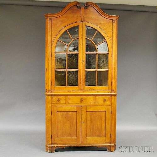 Country Carved Pine Two-part Corner Cupboard
